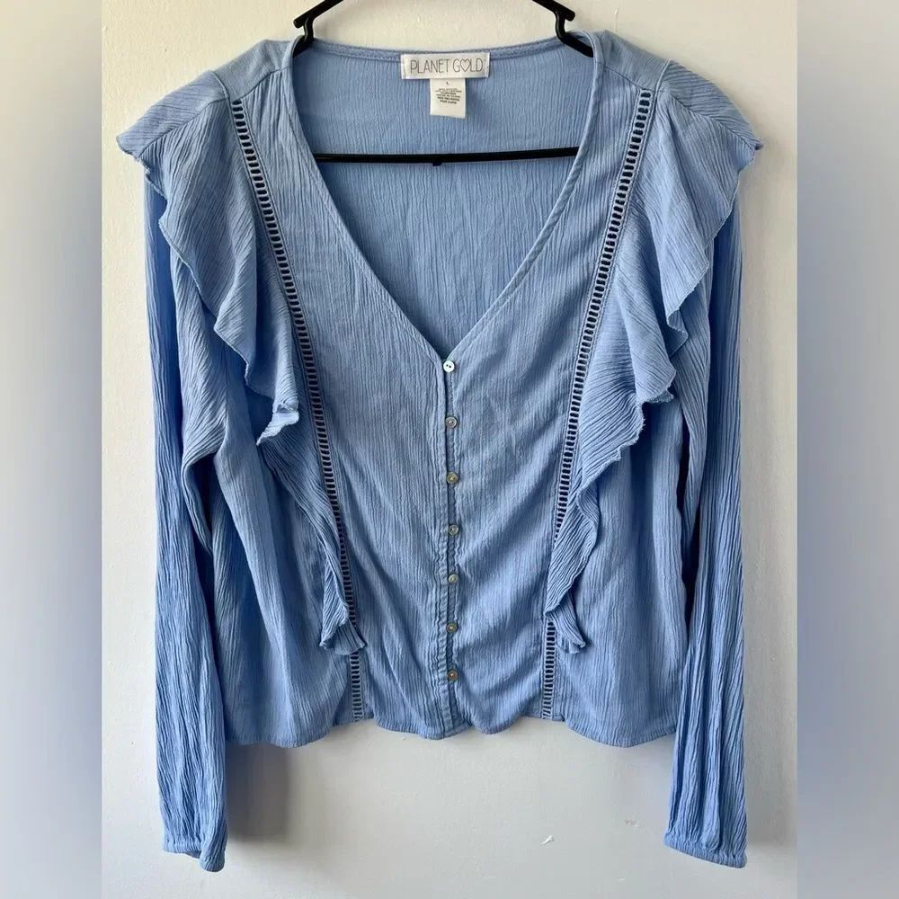 Planet Gold Women’s Blue ruffled v-neck crinkle blouse Cropped Peasant Boho Sz L